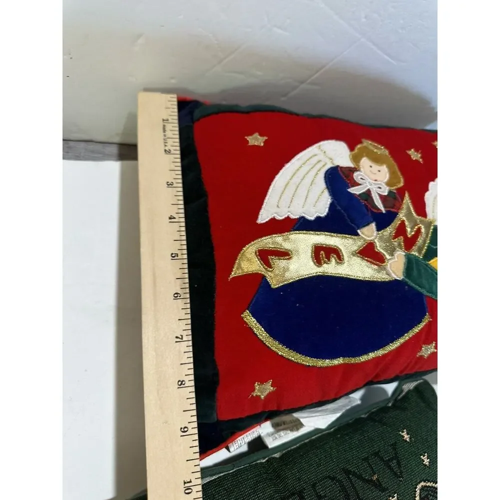 lot of 2 vintage christmas throw pillows red and green I believe in angel + noel
